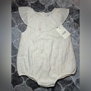 NWT NATALYS PARIS Unbleached Lurex Polka Dot Romper- Ivory/ Size 9M